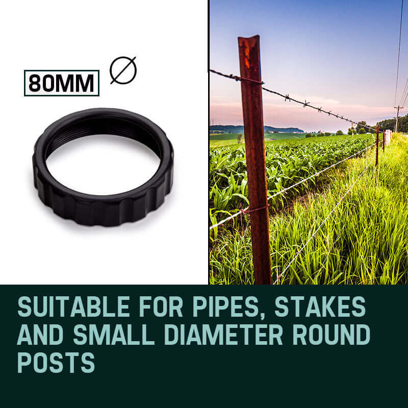 80mm post driver attachment for pipes, stakes, and small round posts in a lush green field.