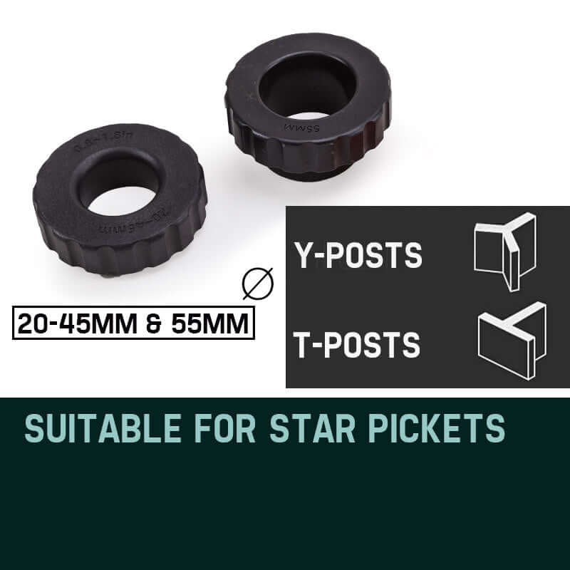 Two rubber post caps for star pickets, compatible with 20-45mm and 55mm sizes, ideal for DIY and quality fencing.