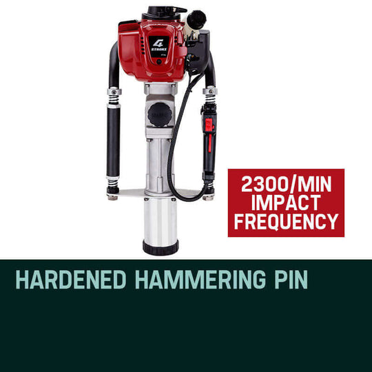 Baumr-AG Petrol Post Driver with hardened hammering pin for DIY fence installation, featuring 2300 BPM impact frequency.