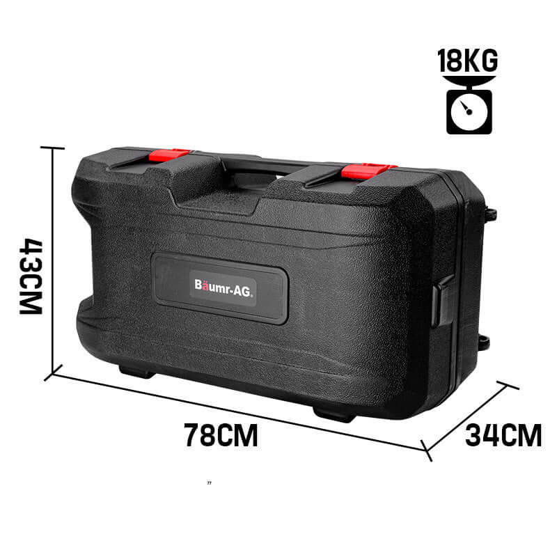 Baumr-AG durable black carrying case dimensions 78cm x 34cm x 43cm, weighing 18kg, ideal for transporting tools.