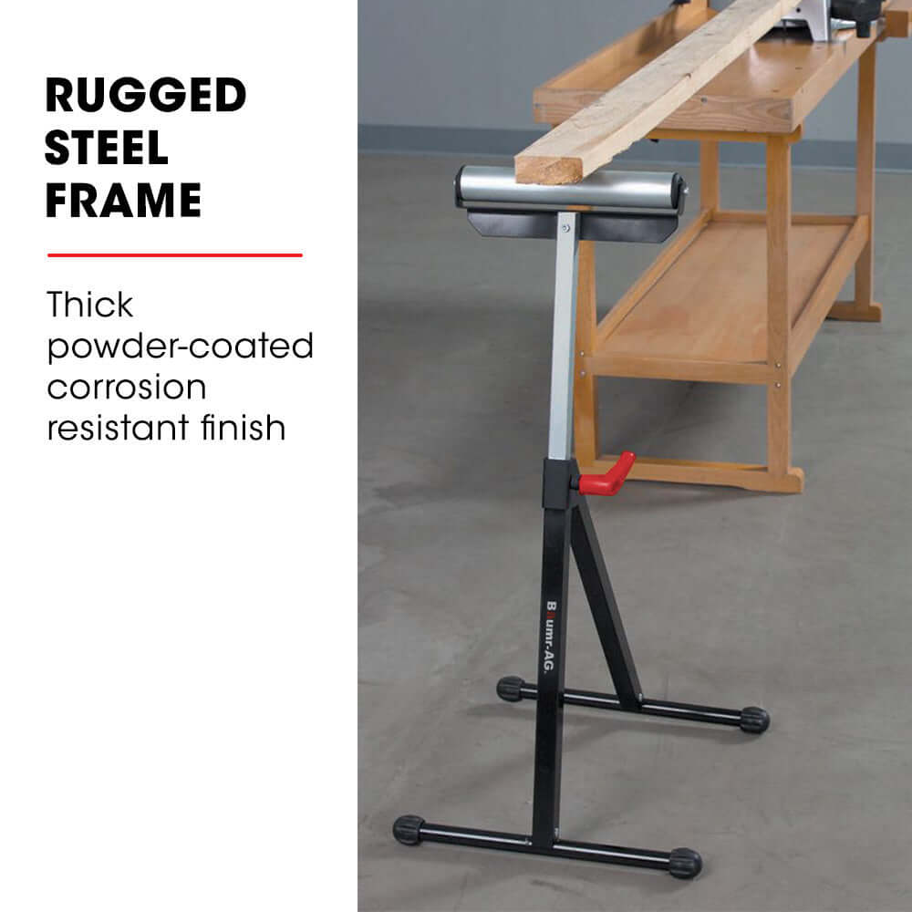 Baumr-AG height adjustable roller support stand with rugged steel frame for durability in DIY projects, featuring a corrosion-resistant finish.