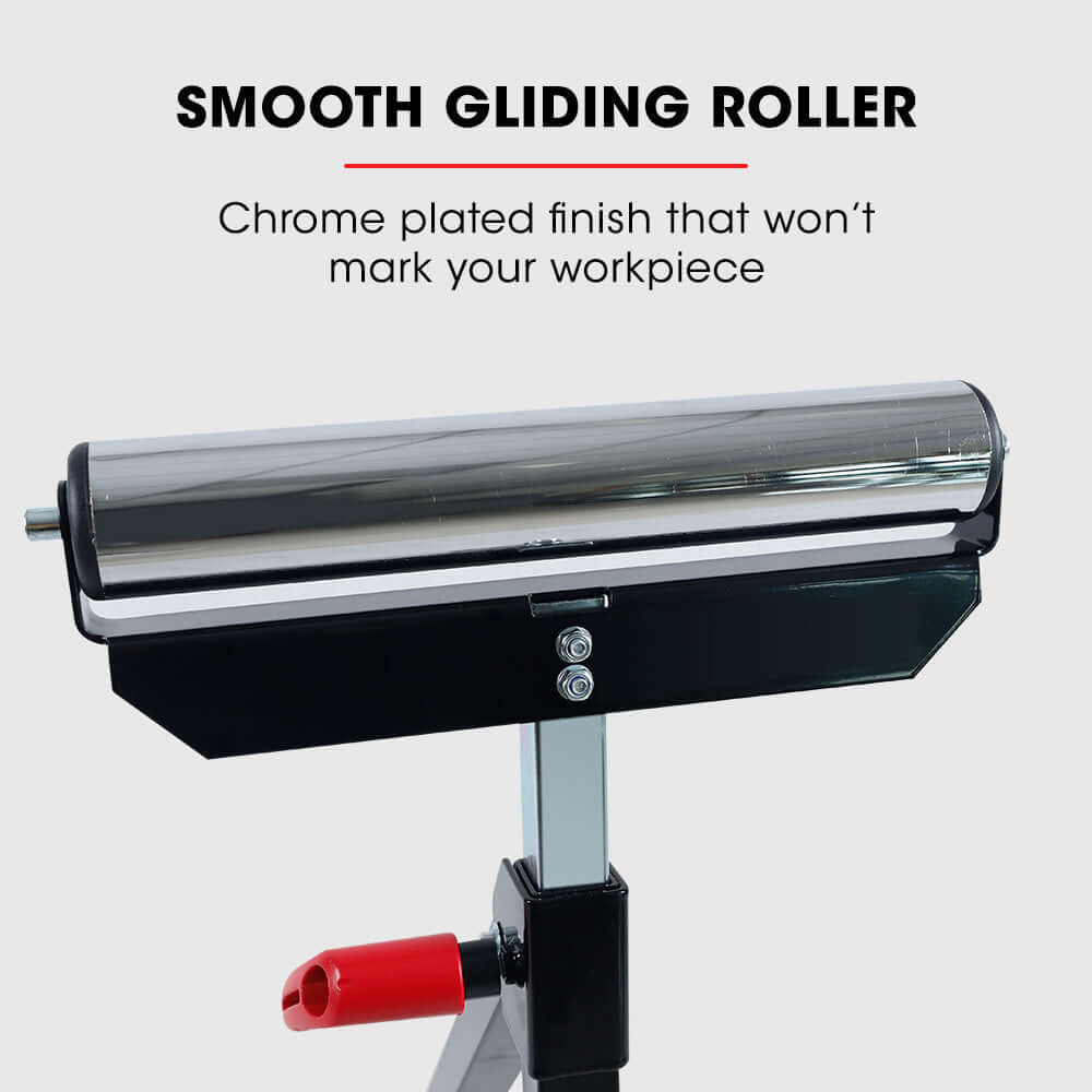 Chrome plated smooth gliding roller on Baumr-AG stand, ensuring no marks on workpiece. Quality and affordable DIY tool.