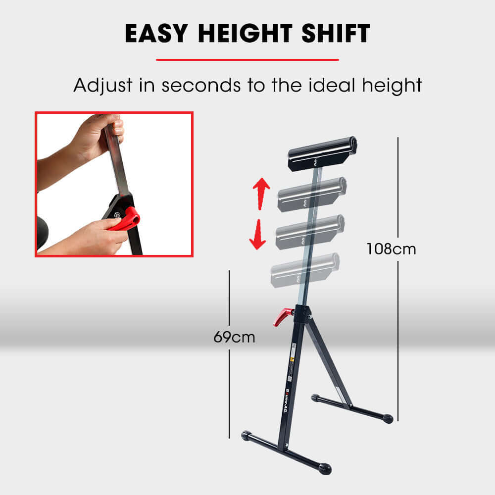 Baumr-AG height adjustable roller support stand showing easy height shift from 69cm to 108cm for DIY projects.