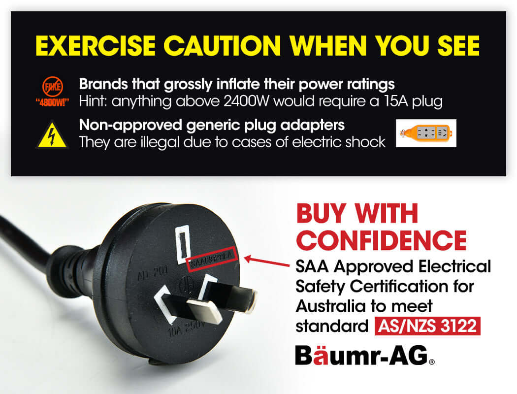 Safety warning on electrical plugs highlighting certified products and risks of non-approved adapters by Baumr-AG.