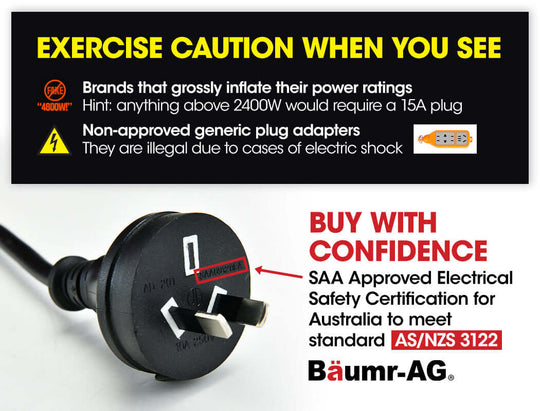 Safety warning on electrical plugs highlighting certified products and risks of non-approved adapters by Baumr-AG.