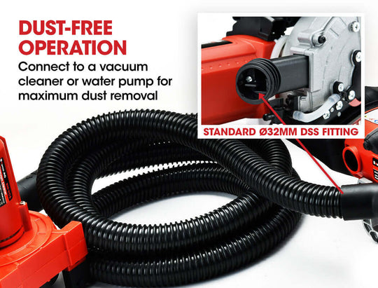 Close-up of a dust-free operation feature with vacuum hose connection for efficient dust removal from Baumr-AG Wall Chaser.