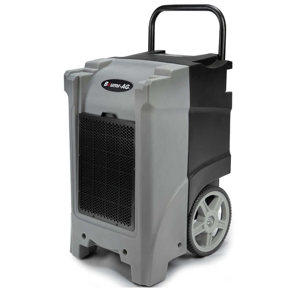 Baumr-AG portable 90L/day commercial air dehumidifier with LCD display, wheels, stackable design for DIY moisture control.