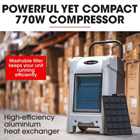 Baumr-AG 770W compressor dehumidifier with washable filter for efficient moisture control.