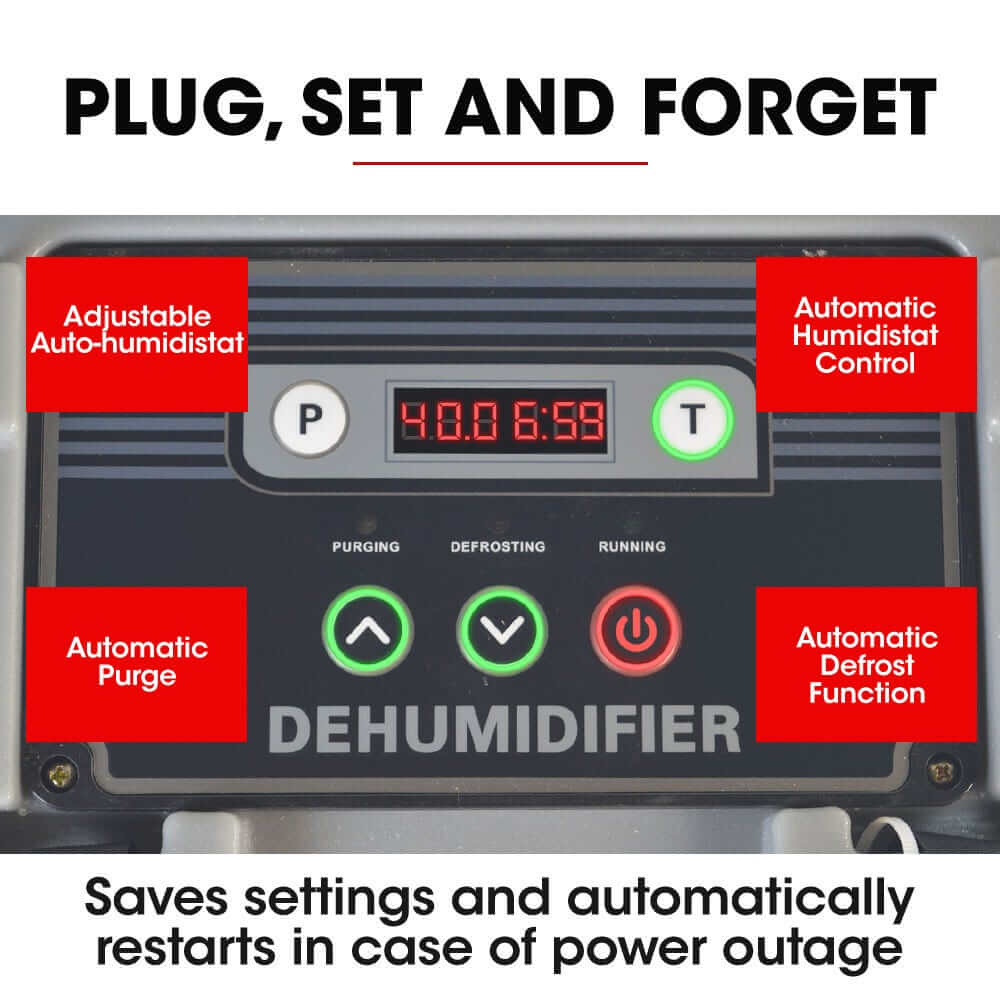 Baumr-AG dehumidifier control panel highlighting adjustable humidity settings and automatic functions.