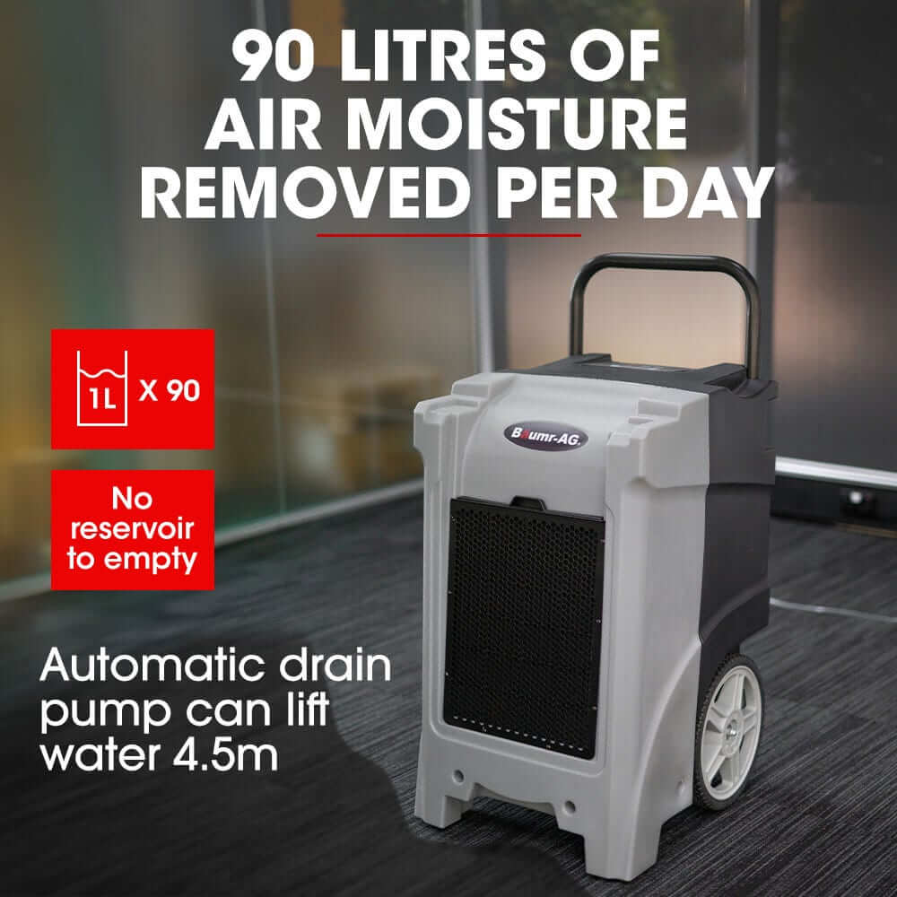 Baumr-AG 90L/day commercial air dehumidifier with automatic drain pump, portable and stackable design.