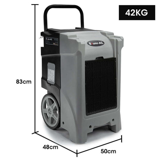 Baumr-AG 90L/day commercial air dehumidifier, portable, stackable with wheels, dimensions 83cm x 50cm x 48cm