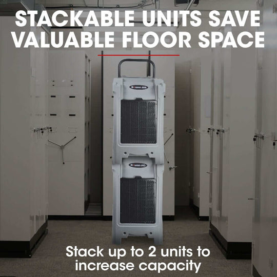 Stackable Baumr-AG dehumidifiers saving floor space, ideal for efficient moisture control in commercial settings.