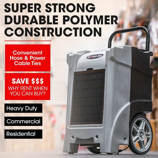 Baumr-AG commercial dehumidifier with durable polymer construction, showcasing wheels, hose storage, perfect for heavy-duty use.