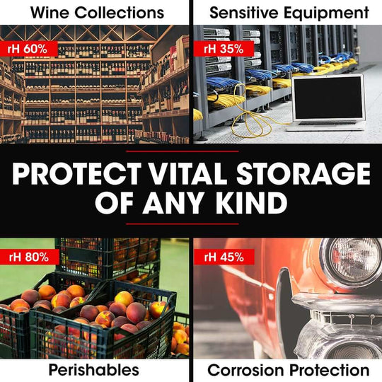 Image showcasing vital storage protection: wine collections, sensitive equipment, perishables, corrosion protection with humidity levels.