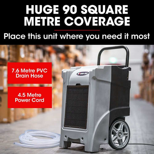 Baumr-AG 90L/day air dehumidifier with 90 square metre coverage, 7.6m drain hose, and 4.5m power cord.