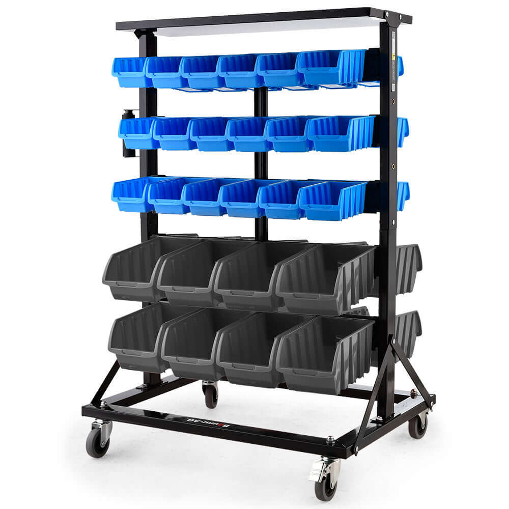 BAUMR-AG mobile bin rack with blue and black storage bins for organizing tools and small parts in garages or workshops.