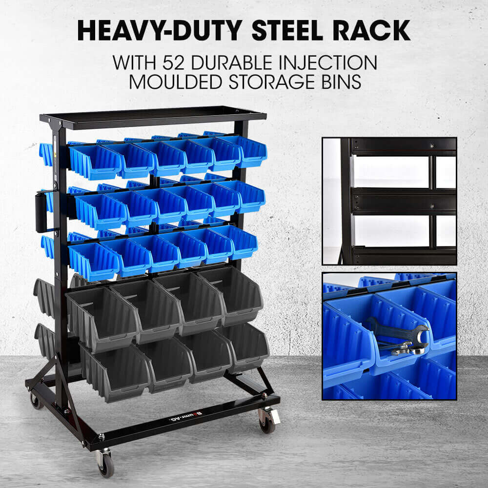 Heavy-duty steel rack with 52 durable blue storage bins for DIY, organizing tools and parts affordably and effectively.