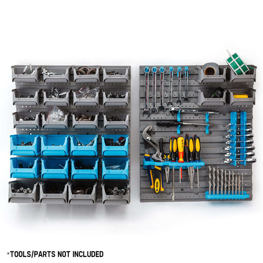 Baumr-AG wall-mounted tool organiser featuring blue storage bins and various tool holders for efficient DIY and professional use.