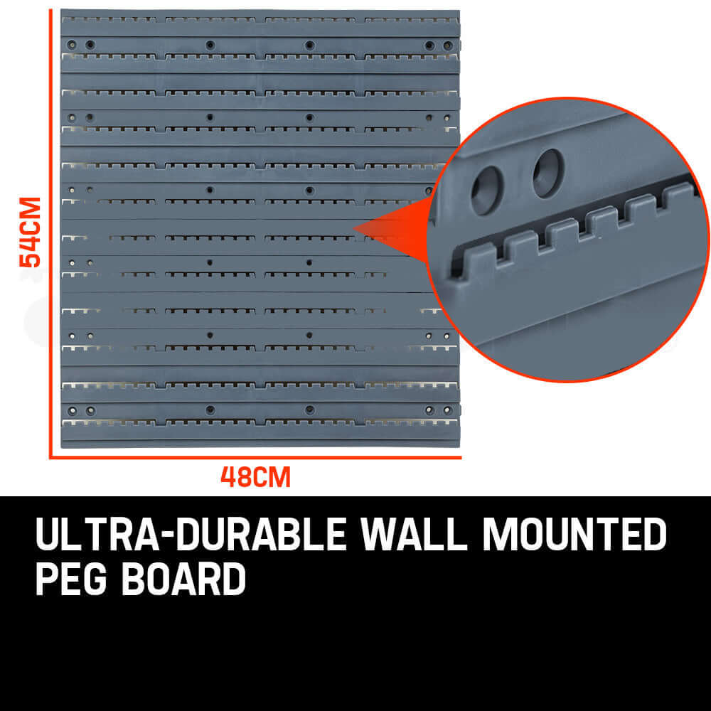 Ultra-durable wall mounted peg board 48cm x 54cm for efficient tool storage and organization.