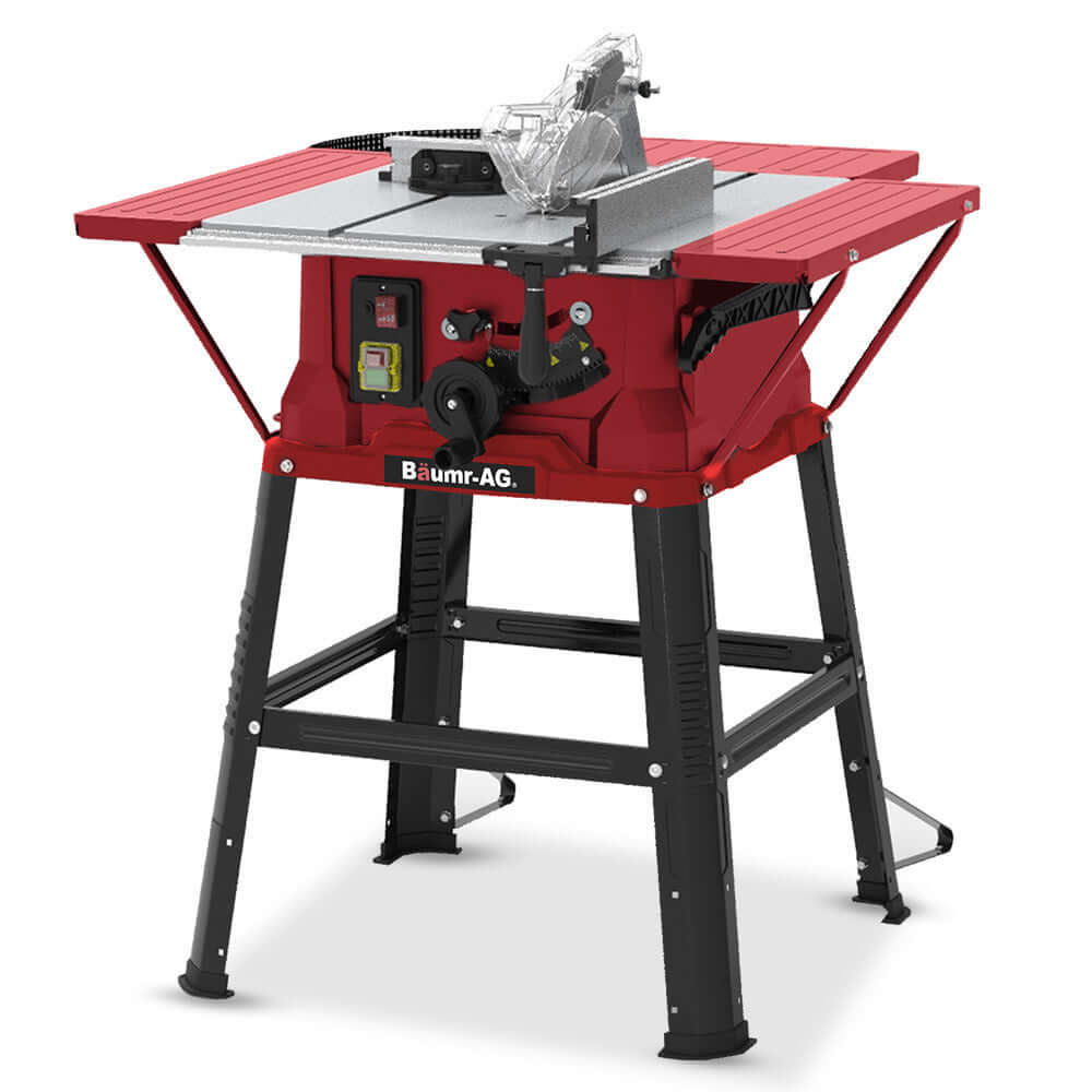 Baumr-AG table saw with stand, 2000W, 254mm laser guide, ideal for affordable DIY projects.