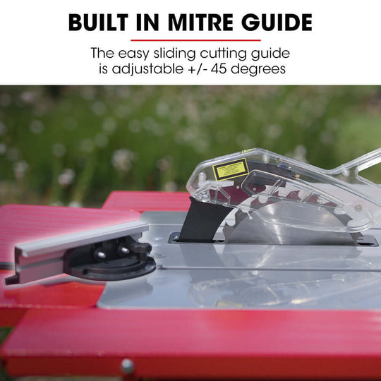 Built-in mitre guide on Baumr-AG table saw, adjustable cutting for precise angles up to +/- 45 degrees.