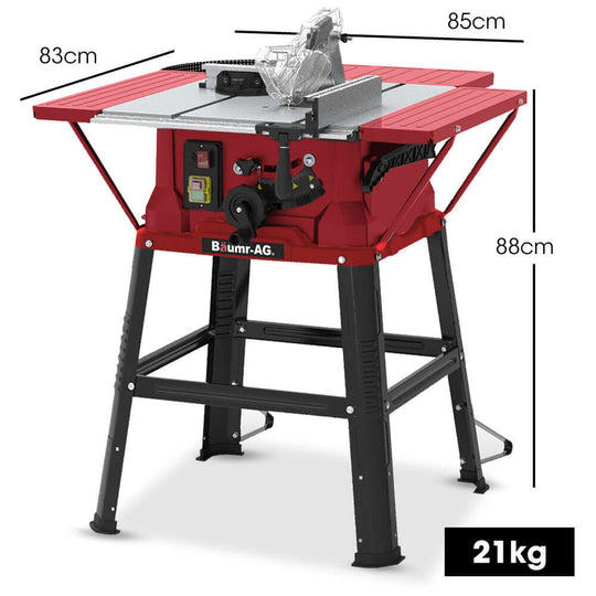 Baumr-AG electric table saw with stand, 2000W, 254mm blade, precise and affordable for DIY projects.