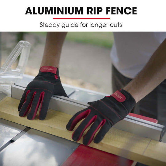 Aluminium rip fence providing a steady guide for longer cuts on a table saw, enhancing precision and safety.