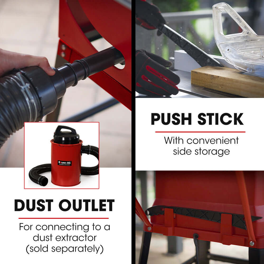 Image showing a table saw dust outlet and a push stick with side storage for efficient woodworking.