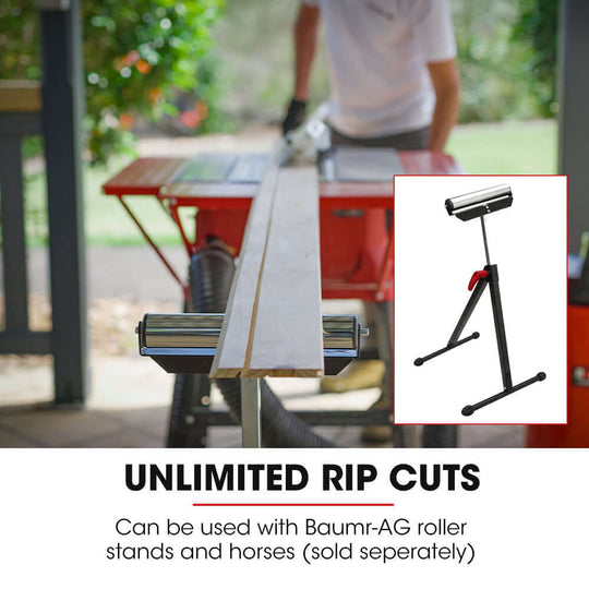 Baumr-AG table saw demonstrating unlimited rip cuts with roller stands, perfect for DIY enthusiasts.