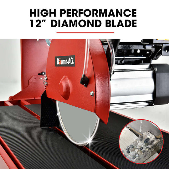 High performance 12" diamond blade of BAUMR-AG tile saw for precise, efficient cutting of large tiles.