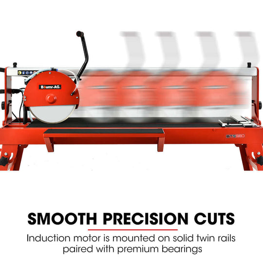 BAUMR-AG electric tile saw with induction motor on twin rails, offering smooth precision cuts for DIY and professional use.