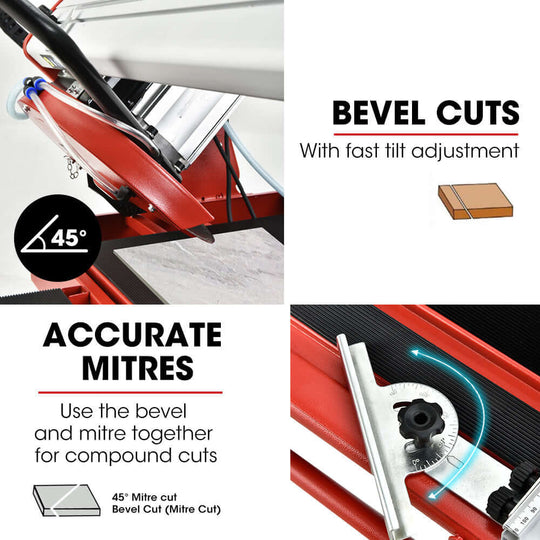 Bevel cuts and accurate mitres on BAUMR-AG tile saw for precise compound cutting with easy adjustments.