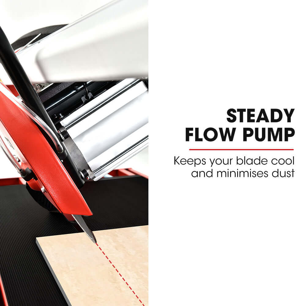 Electric tile saw features steady flow pump for cooling blade and dust minimization, enhancing cutting performance.