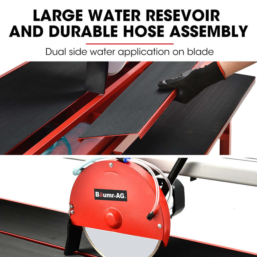 Large water reservoir and durable hose assembly for dual side water application on the Baumr-AG tile saw cutter.