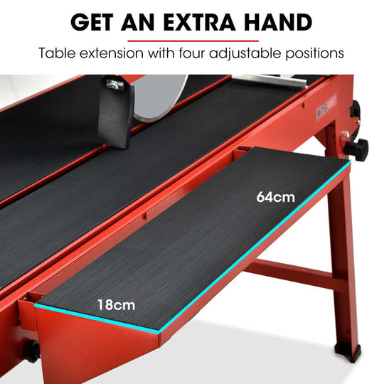 Adjustable table extension for tile cutter, featuring four positions, enhancing stability and ease of use.