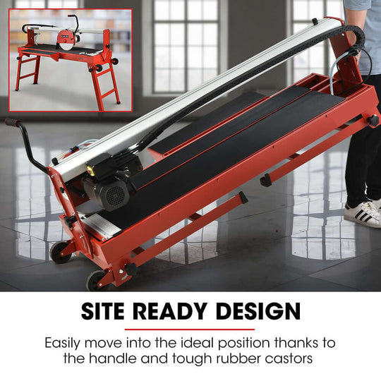 Affordable BAUMR-AG electric tile saw with site-ready design, rubber casters for easy mobility and optimal cutting performance.