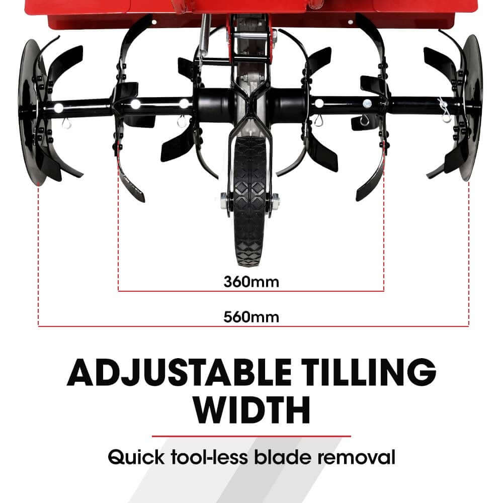 Image of Baumr-AG 150CC Garden Tiller with adjustable tilling width and tool-less blade removal.