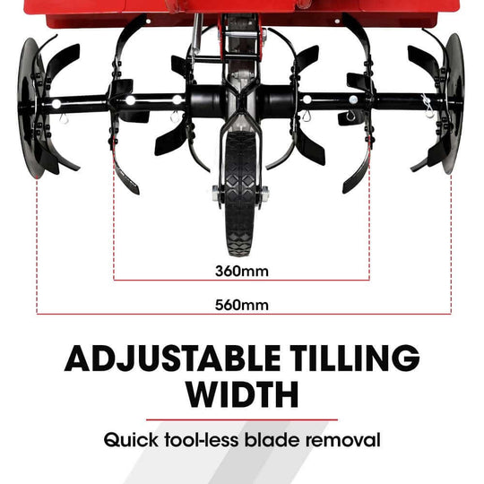 Image of Baumr-AG 150CC Garden Tiller with adjustable tilling width and tool-less blade removal.