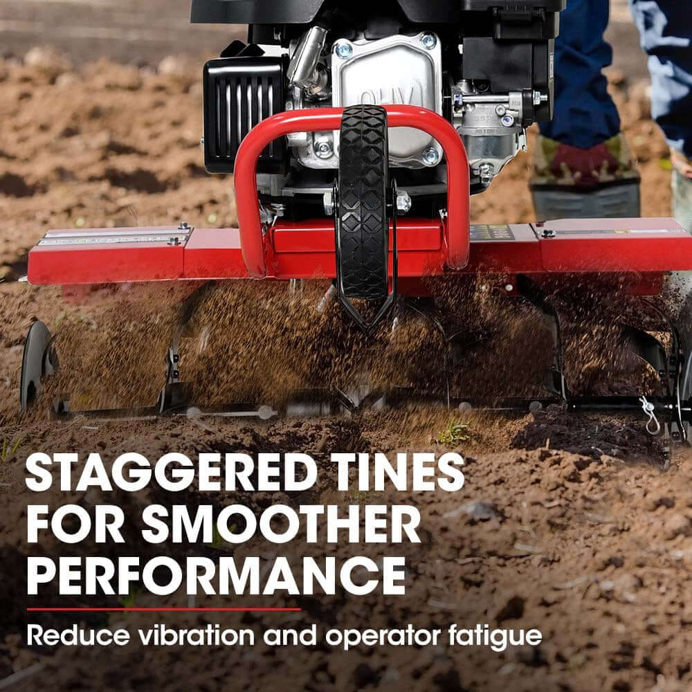 Baumr-AG garden tiller with staggered tines for reduced vibration and smoother performance in soil cultivation.