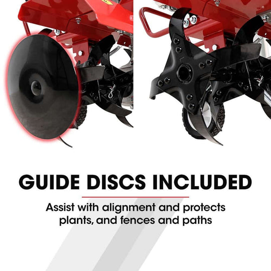 Guide discs for Baumr-AG tiller, enhancing alignment and protecting plants, fences, and paths.