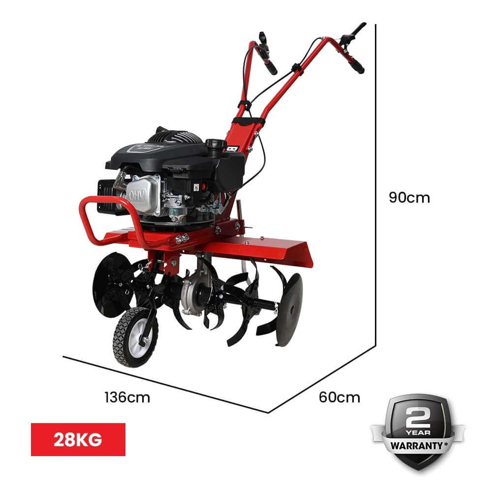 Baumr-AG 150CC petrol garden tiller with dimensions and 2-year warranty, ideal for DIY enthusiasts.