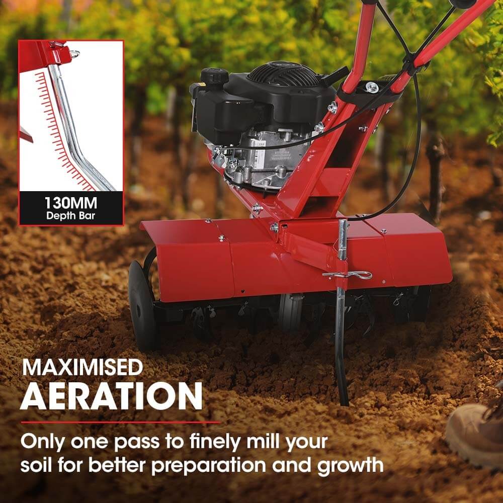 Baumr-AG 150CC garden tiller with 130mm depth bar for effective soil aeration and preparation.