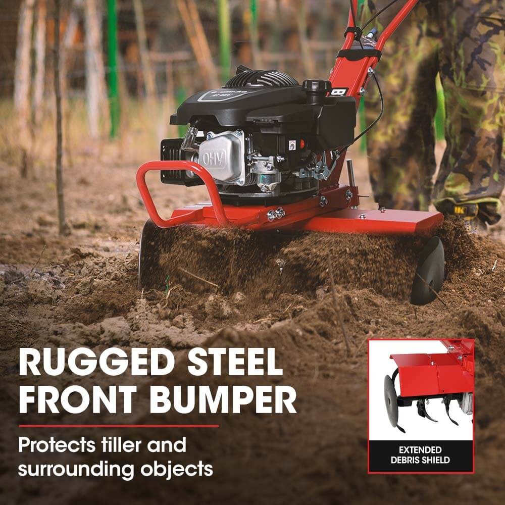 Baumr-AG 150CC tiller with rugged steel front bumper protecting tiller and soil during use.