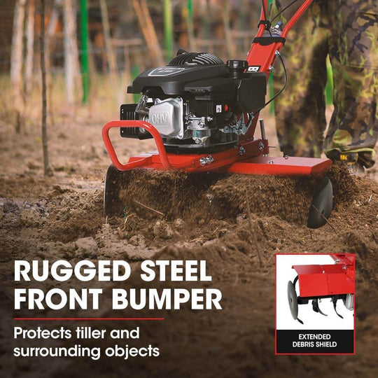 Baumr-AG 150CC tiller with rugged steel front bumper protecting tiller and soil during use.