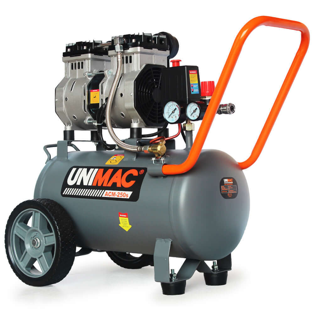 UNIMAC 25L 1.5HP Silent Oil-Free Electric Air Compressor, portable, affordable, high-quality twin-cylinder motor for DIY enthusiasts.