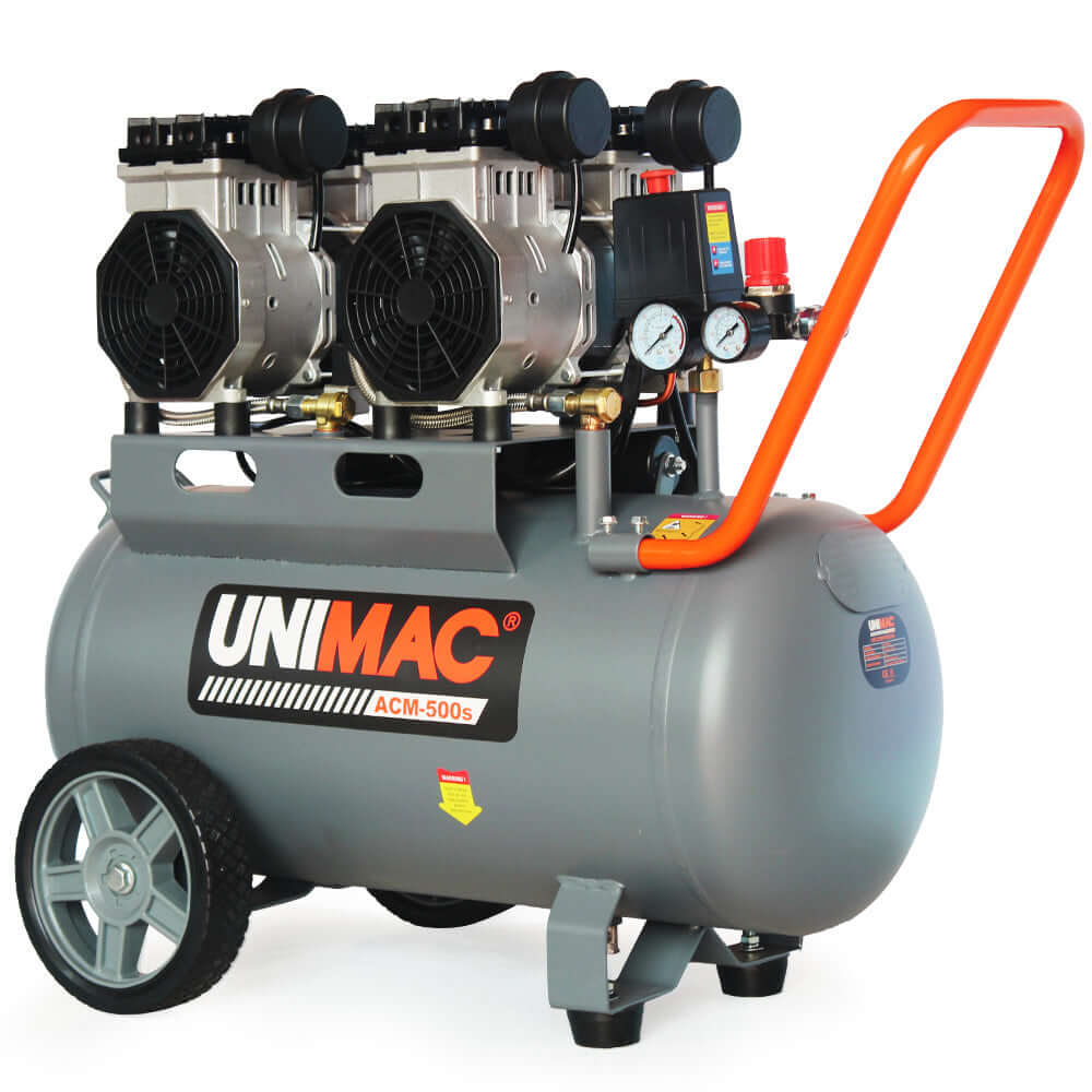 UNIMAC ACM-500s 50L 3.0HP silent oil-free electric air compressor, portable with twin outlets, affordable quality for DIY.