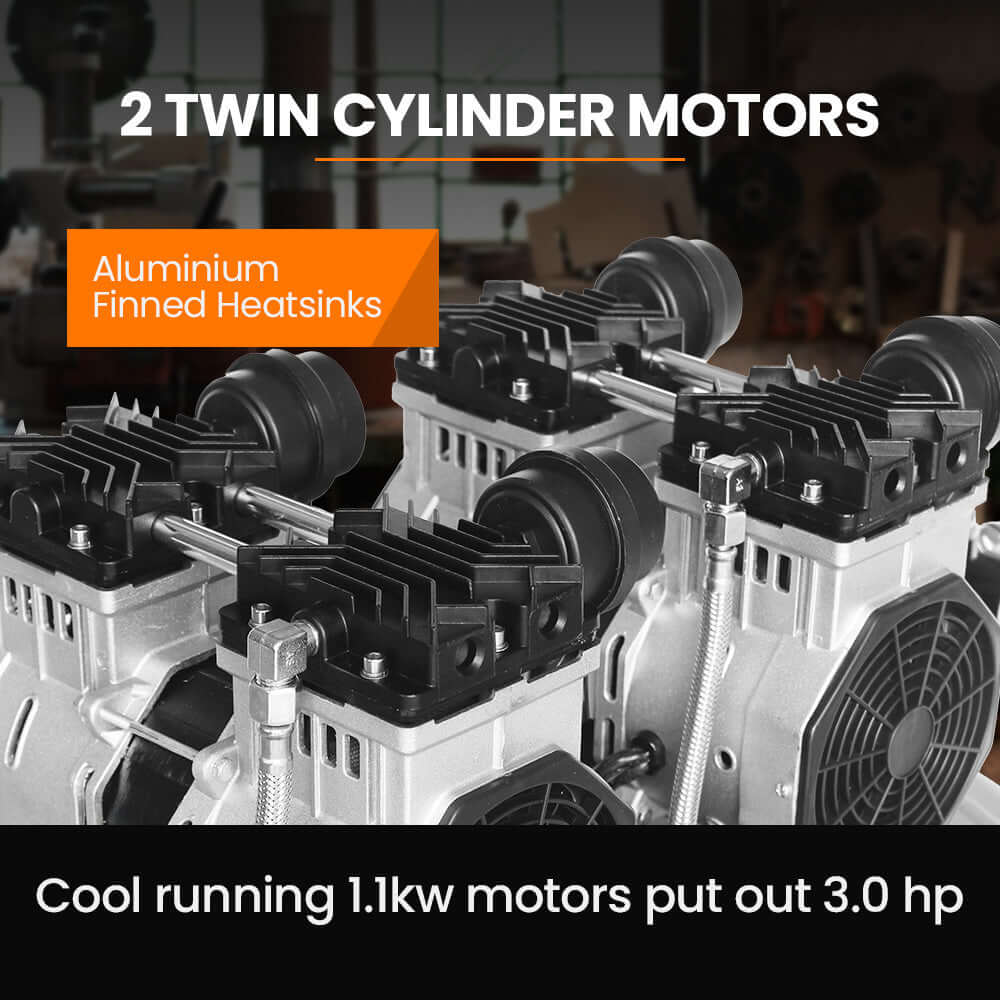 Close-up of UNIMAC's 2 twin cylinder motors showcasing aluminum fins and 3.0 HP performance for DIY projects.