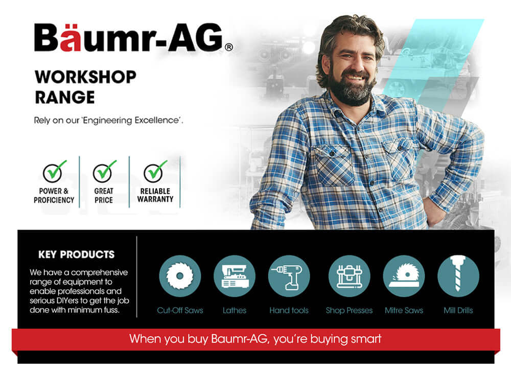 Baumr-AG workshop advertisement highlighting products and services for professionals and DIY enthusiasts.