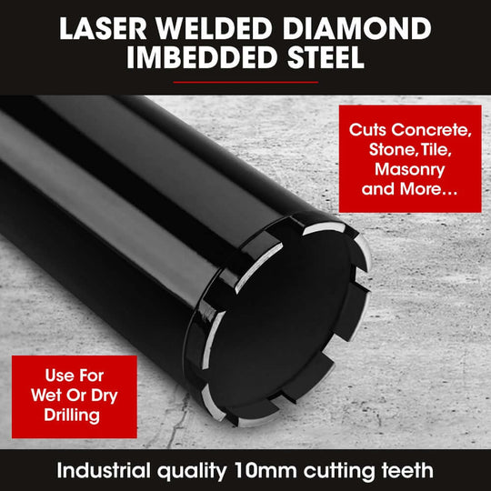 Baumr-AG Laser Welded Diamond Core Bit cuts concrete, tile, stone, and masonry. Industrial quality 10mm teeth for wet/dry drilling.