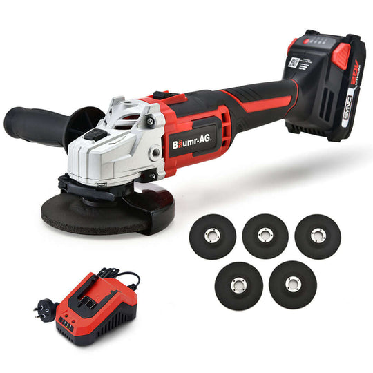 Baumr-AG 20V Cordless Angle Grinder with battery and discs, ideal for affordable DIY projects.